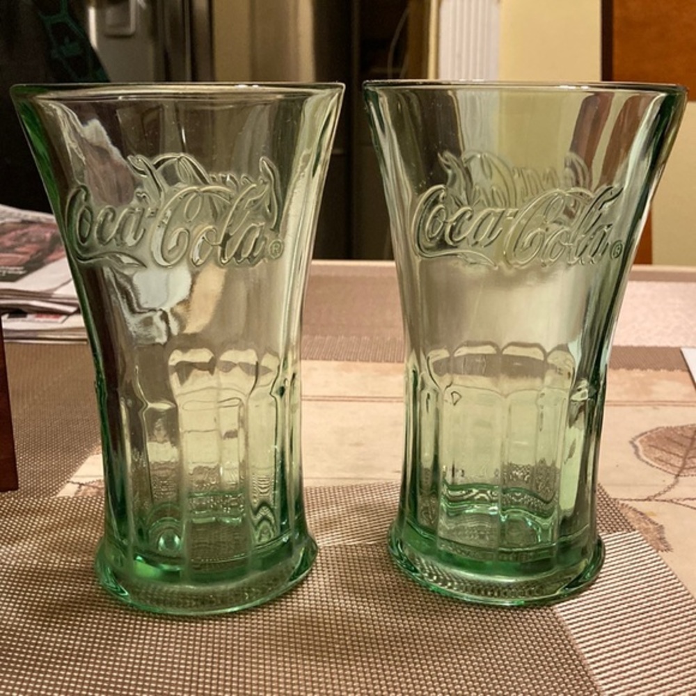 VTG Pair of Libbey green thick upper flared embossed Coca-Cola tall glasses